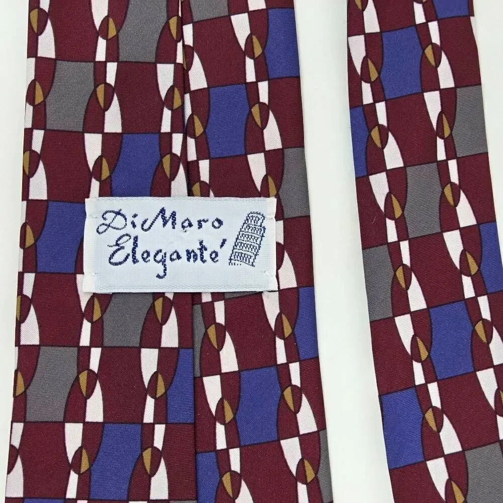 DIMARO ELEGANTE POLYESTER TIE BURGUNDY BLUE GRAY GEOMETRIC 3.75